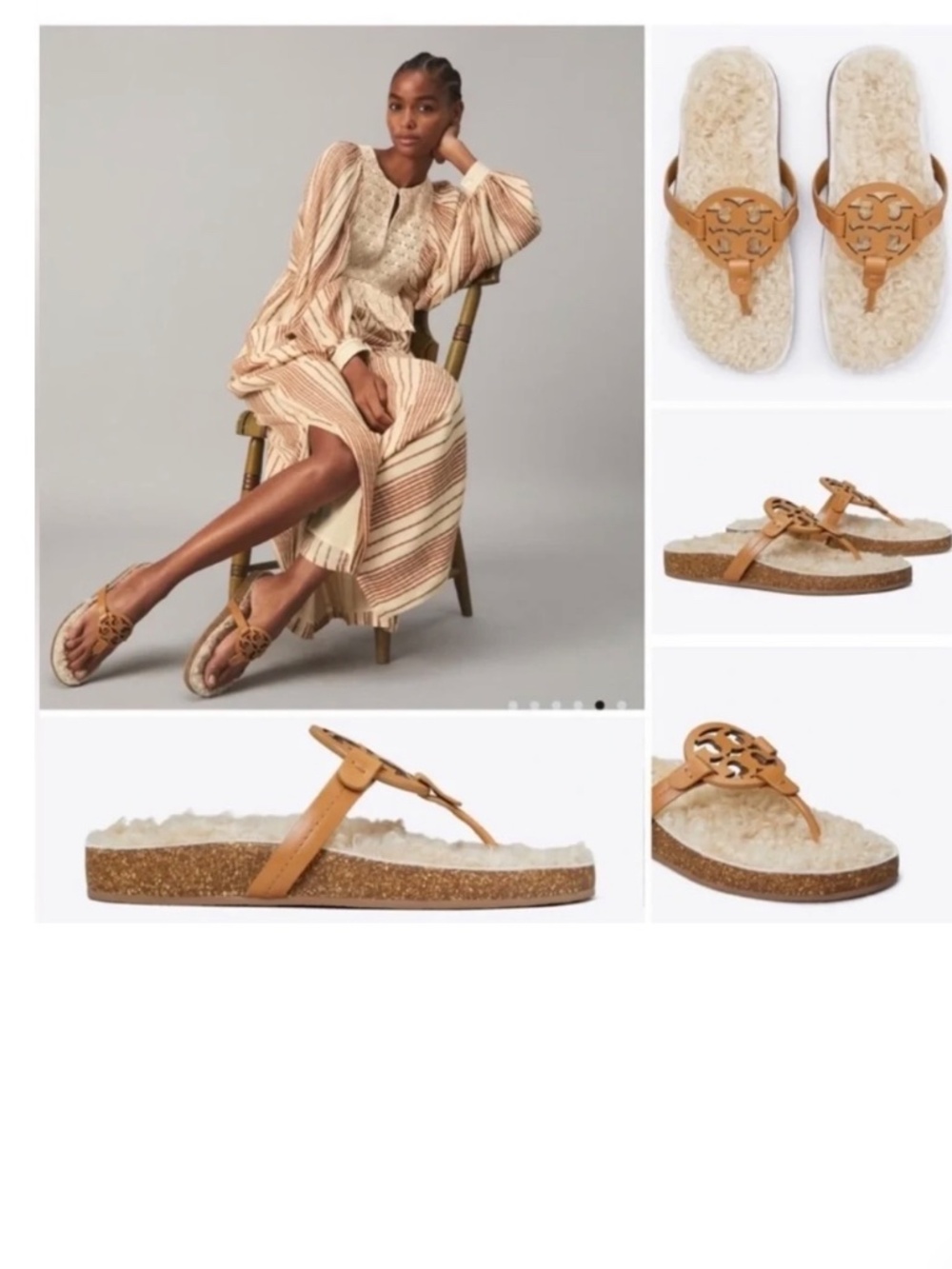 Tory Burch Miller Cloud Shearling Sandals Tan Leather Women's Size 7.5 EU38
